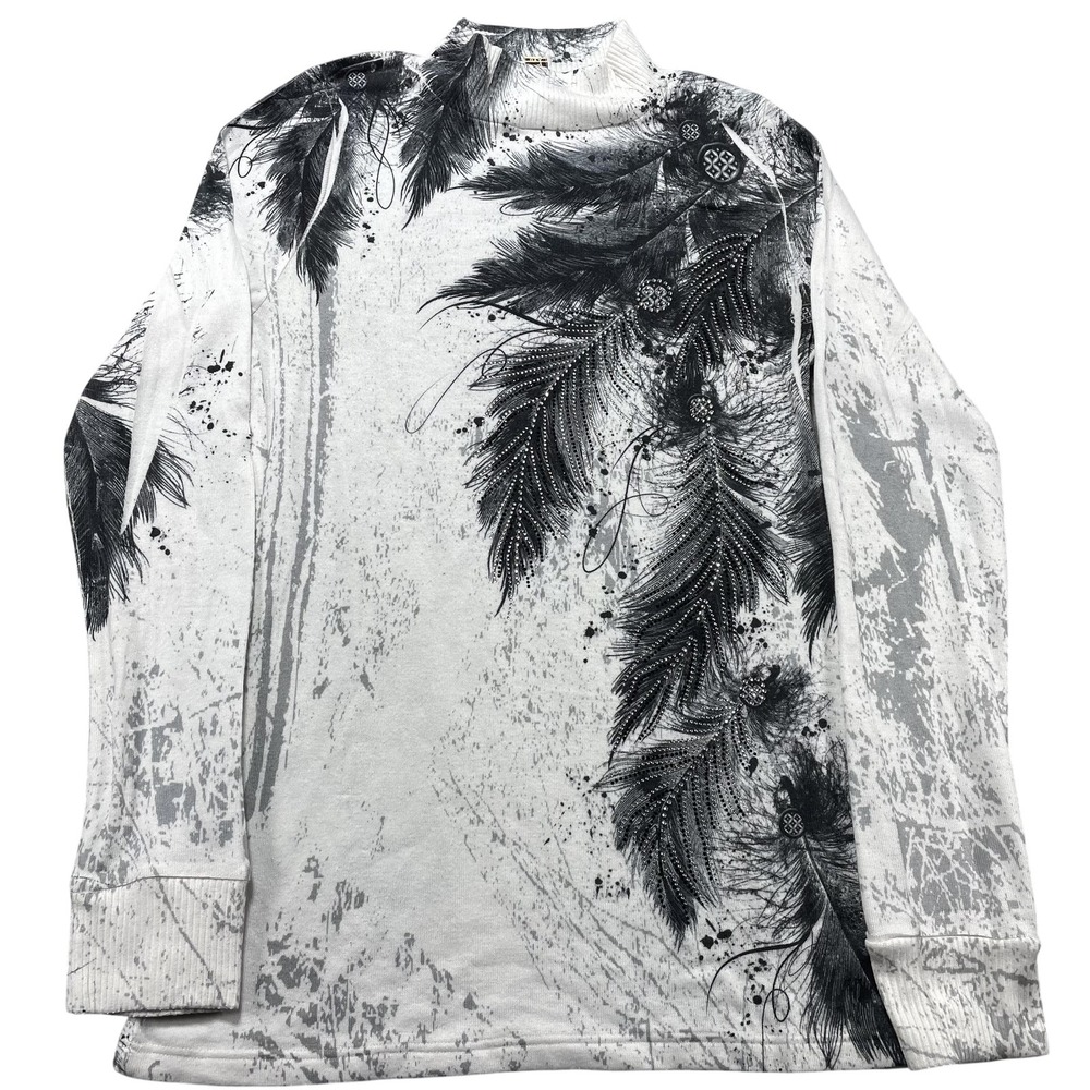 Love-T Shirt Womens Small White Feather Graphic Rhinestone Mock Neck Long Sleeve